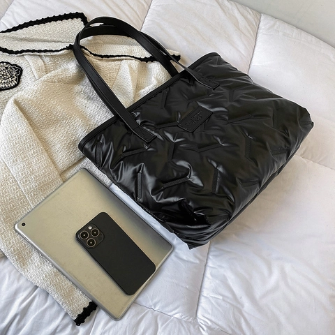 Women Large Capacity Quilted Puffer Tote Bag Minimalist Cotton Fabric Shoulder Bag Casual Solid Color Handbag For Daily Commuting