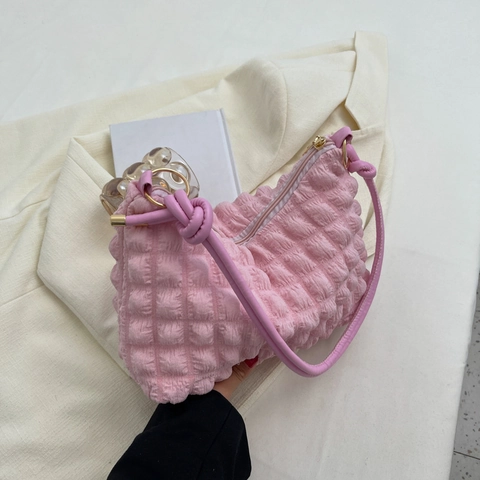 Popcorn Texture Ruched Underarm Bag For Women Fashion Solid Color Nylon Shoulder Bag Korean Minimalist Handbag With Knots