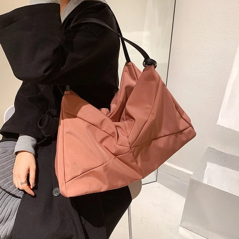 Bolso Tote de Nylon de Gran Capacidad para Mujer Minimalista Plisado Bolso de Hombro Color Sólido Casual Bolso de Axila Moda