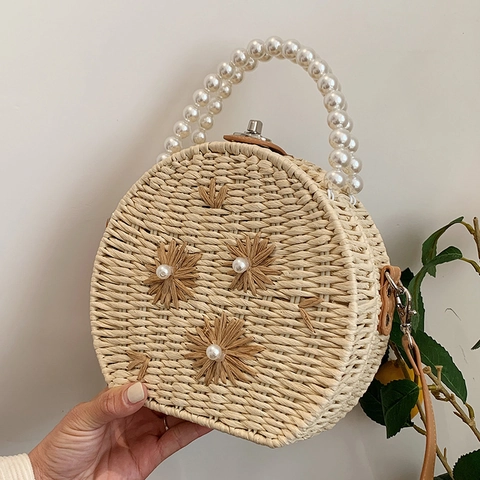 Bolso de Hombro Redondo de Paja para Mujer con Asa de Perlas Artificiales Decoración de Flores Bolso de Mano de Playa
