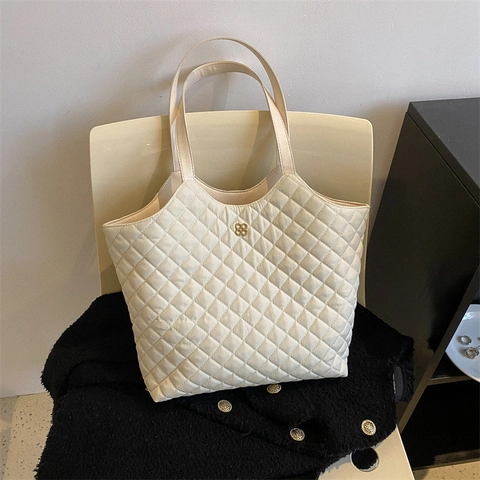 Dames Vintage Gestikte Ruit Grote Draagtas Polyester Schoudertas Veelzijdige Woon-Werkverkeer Grote Capaciteit Tas