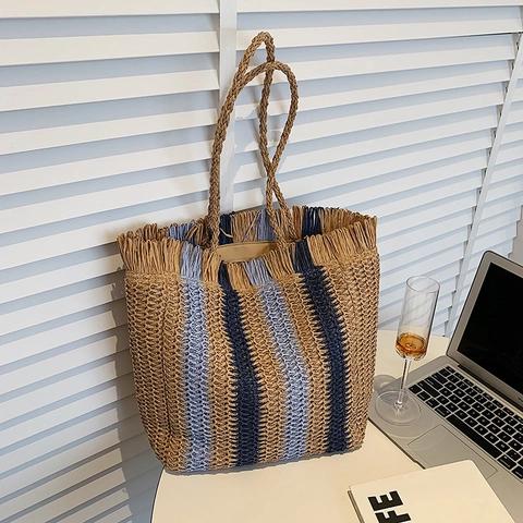 Women Straw Woven Tote Bag Paper Rope Striped Shoulder Bag With Fringe Large Capacity Casual Summer Beach Handbag For Vacation