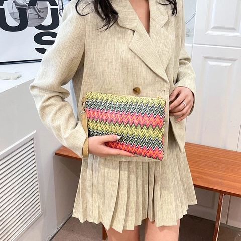 Borsa Pochette Fashion in Paglia Intrecciata Arcobaleno Donna Multicolore Chevron Pochette da Polso Chiusura con Cerniera Fatto a Mano Estate Spiaggia Viaggio Portamonete