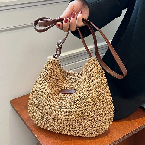 Mode Damen Handgewebte Stroh Umhängetasche Sommer Strand Schultertasche Minimalistischer Stil Mit Verstellbarem Schultergurt