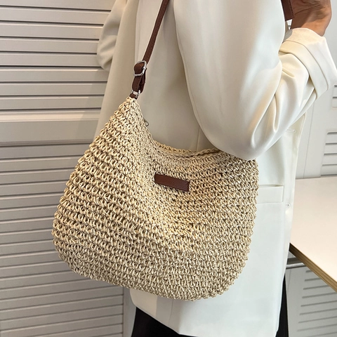 Mode Damen Handgewebte Stroh Umhängetasche Sommer Strand Schultertasche Minimalistischer Stil Mit Verstellbarem Schultergurt