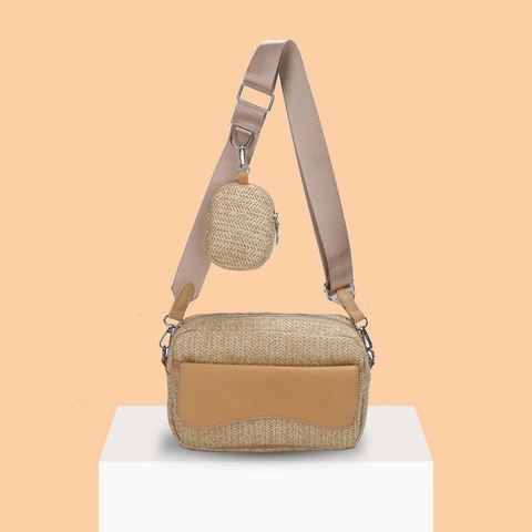 Women Woven Crossbody Bag Set Cotton Linen Shoulder Bag With Small Round Pouch Adjustable Wide Strap Casual Messenger Bag