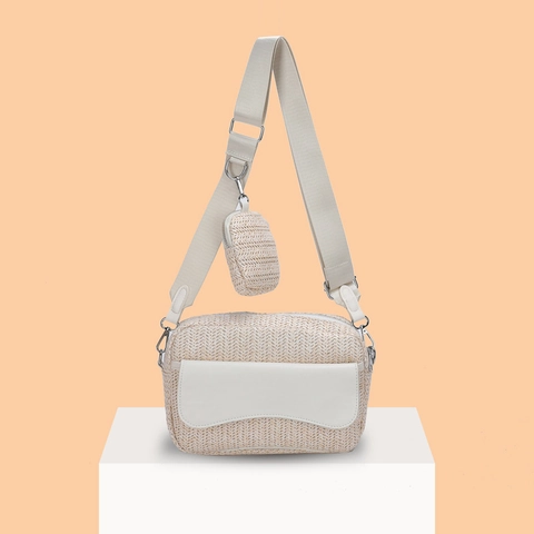 Women Woven Crossbody Bag Set Cotton Linen Shoulder Bag With Small Round Pouch Adjustable Wide Strap Casual Messenger Bag
