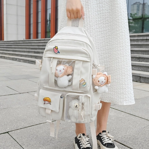Harajuku Japanse Grote Capaciteit Student Rugzak Voor School Met Transparante Ita Bag Venster En Schattige Pluche Bedeltjes