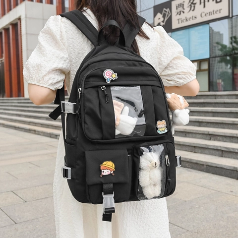 Harajuku Japanse Grote Capaciteit Student Rugzak Voor School Met Transparante Ita Bag Venster En Schattige Pluche Bedeltjes