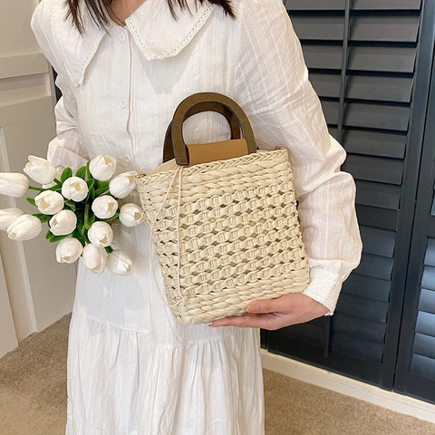 Bolso de Mano de Moda de Paja Tejida para Mujer Urbano Simple Bolso de Hombro Con Asa de Madera para Playa de Verano