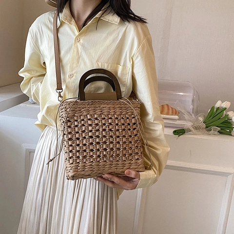 Bolso de Mano de Moda de Paja Tejida para Mujer Urbano Simple Bolso de Hombro Con Asa de Madera para Playa de Verano