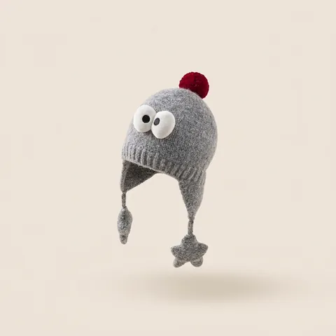 Kinder Winter Warm Strickmütze Polyester Jacquard Cartoon Große Augen Roter Pompon Stern Anhänger Ohrenklappen Mütze Für Jungen Mädchen Kleinkind