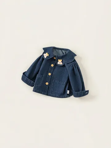 Mädchen Süße Jeansjacke Peter Pan Kragen Baumwollmischung Bär Stickerei Einreihig Langarm Lässige Oberbekleidung Mantel