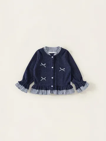 Giacca in Maglia Dolce Blu Marino per Bambina Con Fiocco Cuciture a Griglia Orlo a Volant Finto Due Pezzi Cardigan a Maniche Lunghe