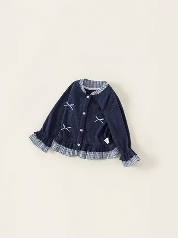 Giacca in Maglia Dolce Blu Marino per Bambina Con Fiocco Cuciture a Griglia Orlo a Volant Finto Due Pezzi Cardigan a Maniche Lunghe