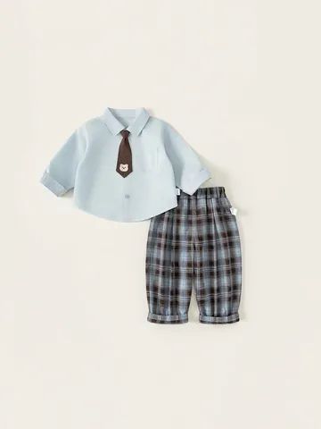 Boys Gentleman Clothing Outfit Light Blue Long Sleeve Shirt Brown Bear Tie Plaid Pants British Academy Style Kids Apparel