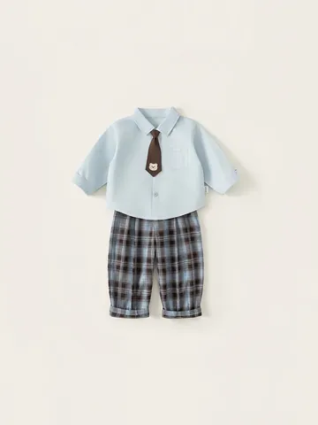 Boys Gentleman Clothing Outfit Light Blue Long Sleeve Shirt Brown Bear Tie Plaid Pants British Academy Style Kids Apparel