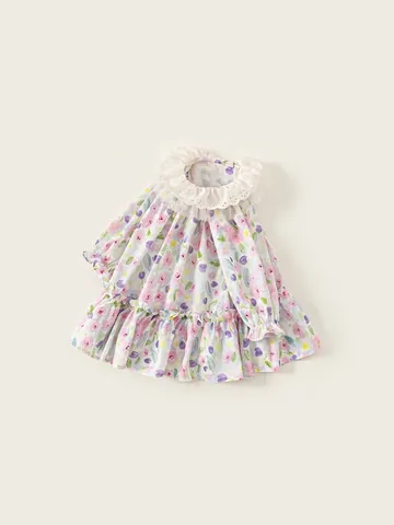 Toddler Girls Sweet Floral Long Sleeve Dress And Purple Knit Cardigan Two-Piece Set Lace Peter Pan Collar Kids Clothing