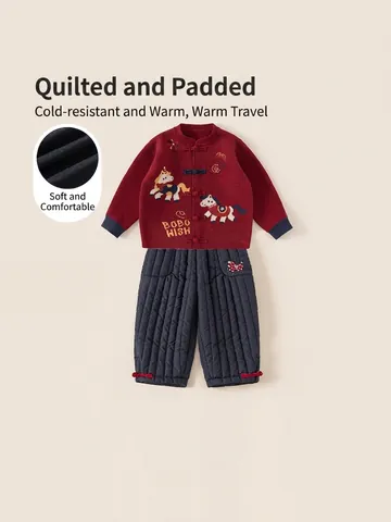 Chinese Stijl Kinder Winter Kledingset Geborduurd Gebreid Vest Gewatteerde Broek Warm Rood Marine Nieuwjaars Outfit