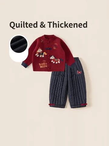Chinese Stijl Kinder Winter Kledingset Geborduurd Gebreid Vest Gewatteerde Broek Warm Rood Marine Nieuwjaars Outfit