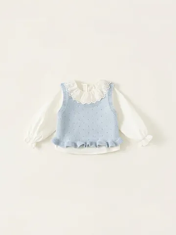 Girls Sweet Two Piece Clothing Set Cotton White Lace Collar Shirt And Light Blue Knit Vest For Spring Autumn Kids Outfit