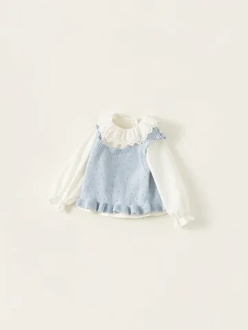 Girls Sweet Two Piece Clothing Set Cotton White Lace Collar Shirt And Light Blue Knit Vest For Spring Autumn Kids Outfit