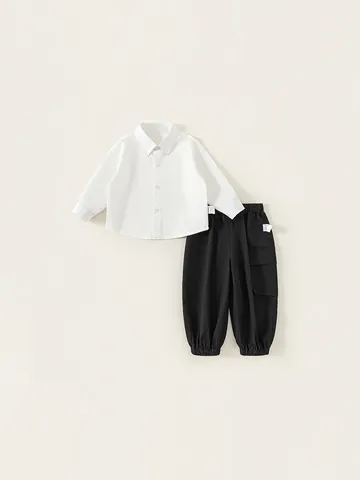 Completo Casual da Ragazzo in Cotone Camicia Bianca a Maniche Lunghe Pantaloni Cargo Due Pezzi Bambini Primavera Autunno Stile Minimalista