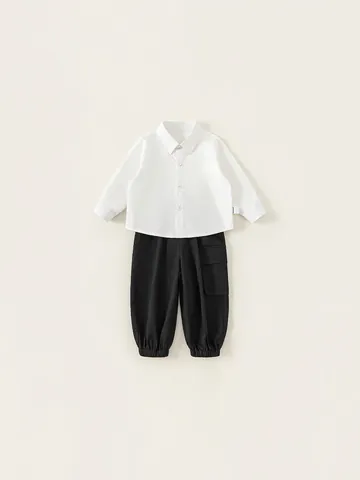 Completo Casual da Ragazzo in Cotone Camicia Bianca a Maniche Lunghe Pantaloni Cargo Due Pezzi Bambini Primavera Autunno Stile Minimalista