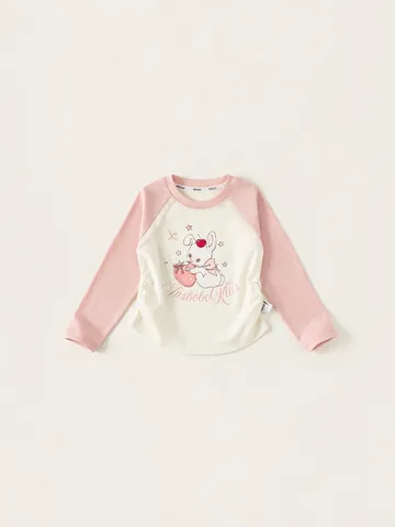 Maglietta a Maniche Lunghe da Bambina Maniche Raglan Stampa Coniglio Fragola Girocollo Top in Cotone Bianco Crema Rosa