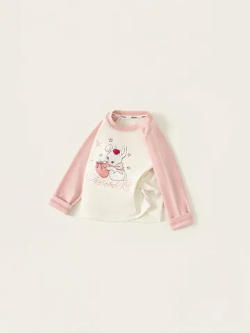 Maglietta a Maniche Lunghe da Bambina Maniche Raglan Stampa Coniglio Fragola Girocollo Top in Cotone Bianco Crema Rosa