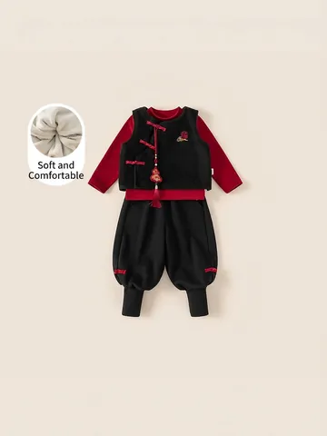 Children's Chinese Style New Year 3-Piece Outfit Set Red Padded Top Black Fleece Vest Trousers For Boys Girls Ethnic Clothing
