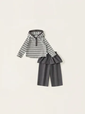 Meisjes Gestreept Sweatshirt Met Capuchon En Rechte Broek 2 Delige Outfit Set Casual Lente Herfst Mode Kinderkleding Grijs