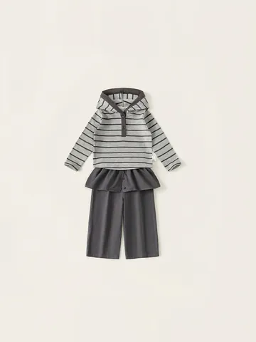 Meisjes Gestreept Sweatshirt Met Capuchon En Rechte Broek 2 Delige Outfit Set Casual Lente Herfst Mode Kinderkleding Grijs