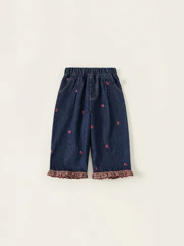Jeans In Denim Da Bambina Con Ricamo A Cuore E Orlo Con Volant A Quadretti Vita Elastica Pantaloni Larghi