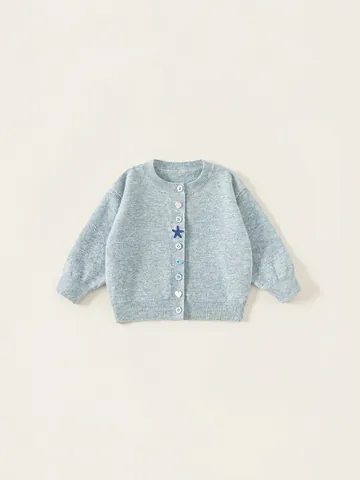 Meisjes Gebreid Vest Trui Ronde Hals Lange Mouw Blauw Marl Bovenkleding Casual Top Met Hart Ster Knoppen Zacht Polyester