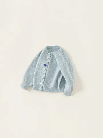 Meisjes Gebreid Vest Trui Ronde Hals Lange Mouw Blauw Marl Bovenkleding Casual Top Met Hart Ster Knoppen Zacht Polyester