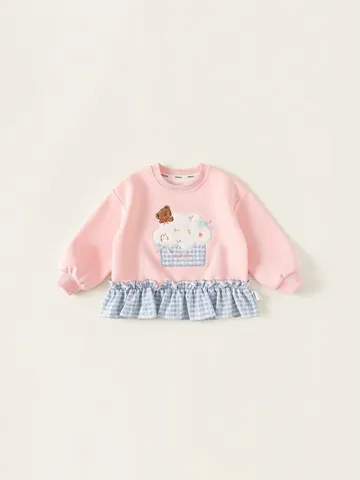 Sudadera Rosa Dulce para Niñas Patchwork de Cuadros Dobladillo con Volantes Bordado Oso Dibujos Animados Cuello Redondo Manga Larga Pullover Niña