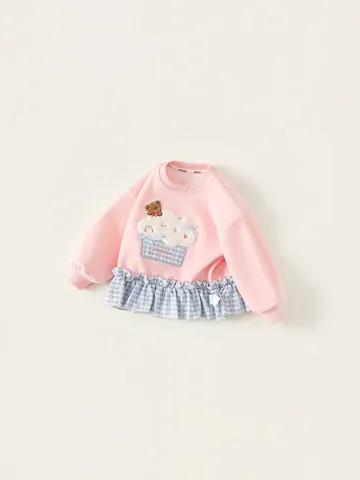 Sudadera Rosa Dulce para Niñas Patchwork de Cuadros Dobladillo con Volantes Bordado Oso Dibujos Animados Cuello Redondo Manga Larga Pullover Niña