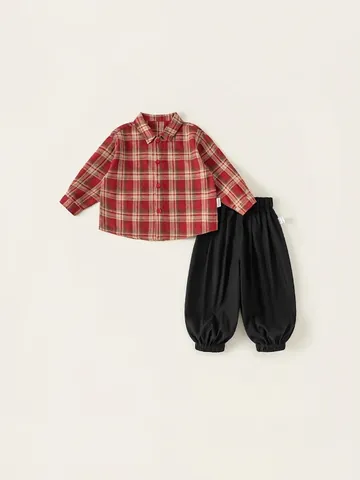 Kids Boys Casual 2-Piece Clothing Set Long Sleeve Plaid Shirt And Solid Jogger Pants Spring Autumn Fashion Outfit