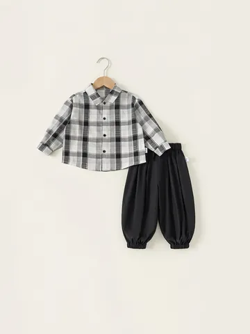 Kids Boys Casual 2-Piece Clothing Set Long Sleeve Plaid Shirt And Solid Jogger Pants Spring Autumn Fashion Outfit