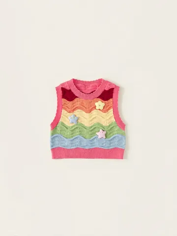 Completi da Ragazza con Gilet in Maglia a Righe Arcobaleno Camicia Bianca con Colletto Peter Pan e Pantaloni in Denim