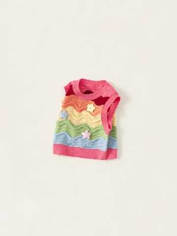 Completi da Ragazza con Gilet in Maglia a Righe Arcobaleno Camicia Bianca con Colletto Peter Pan e Pantaloni in Denim