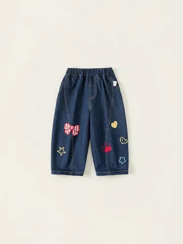 Kleine Mädchen Süße Schleife Herz Stickerei Denim Jeans Weiche Baumwolle Lockere Hose Elastischer Bund Casual Kinder Denim Hose