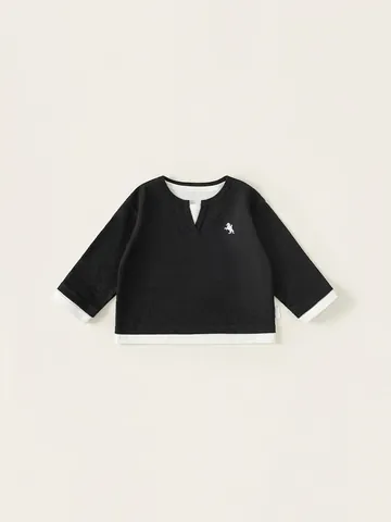 Jungen Waffelstrick T-Shirt Falscher Zweiteiler Langarm Top Mit Pferdestickerei Patchwork Baumwollmischung Kinder Lässige Kleidung