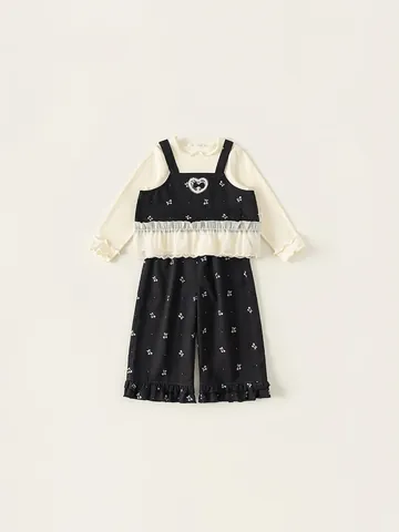 Meisjes Katoen Roffel Lange Mouw Top Camisole En Wijde Pijpen Broek Kersenprint Tule Kinderen Zoete Kleding Matching Set