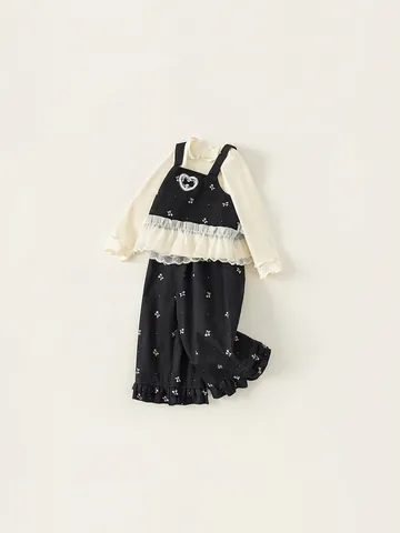 Meisjes Katoen Roffel Lange Mouw Top Camisole En Wijde Pijpen Broek Kersenprint Tule Kinderen Zoete Kleding Matching Set