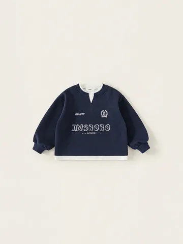 Sweat-shirt Faux Deux Pièces pour Enfants Bleu Marine Imprimé Lettres Vintage Américain Pullover Mélange Coton Col Rond Top pour Garçons Filles