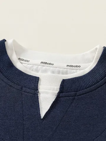 Sweat-shirt Faux Deux Pièces pour Enfants Bleu Marine Imprimé Lettres Vintage Américain Pullover Mélange Coton Col Rond Top pour Garçons Filles