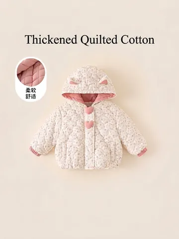 Girls Sweet Floral Quilted Padded Jacket Hooded Winter Coat For Toddlers Kids Thick Warm Outerwear With Cute Ears Decor
