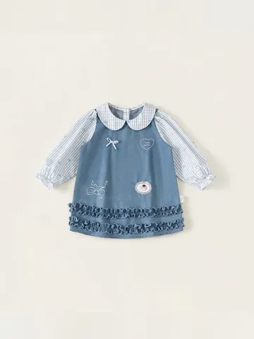 Mädchen Süßes Denim Patchwork Kleid Gestreift Peter-Pan-Kragen Rüschen Langarm Baumwolle Prinzessin Lässiges Kleid